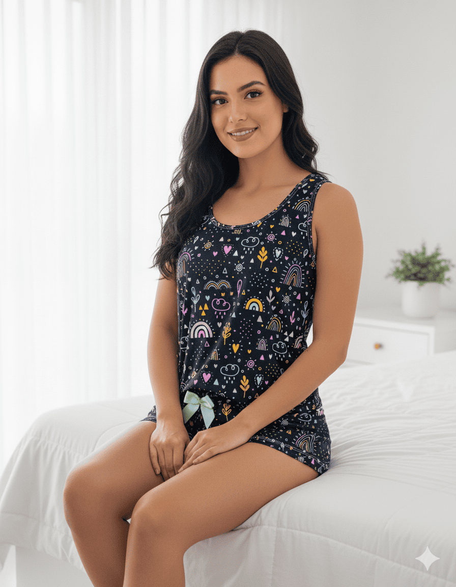 Pijama corto para mujer con patrón de ositos y pandas en tonos rosa y pastel, material piel de durazno