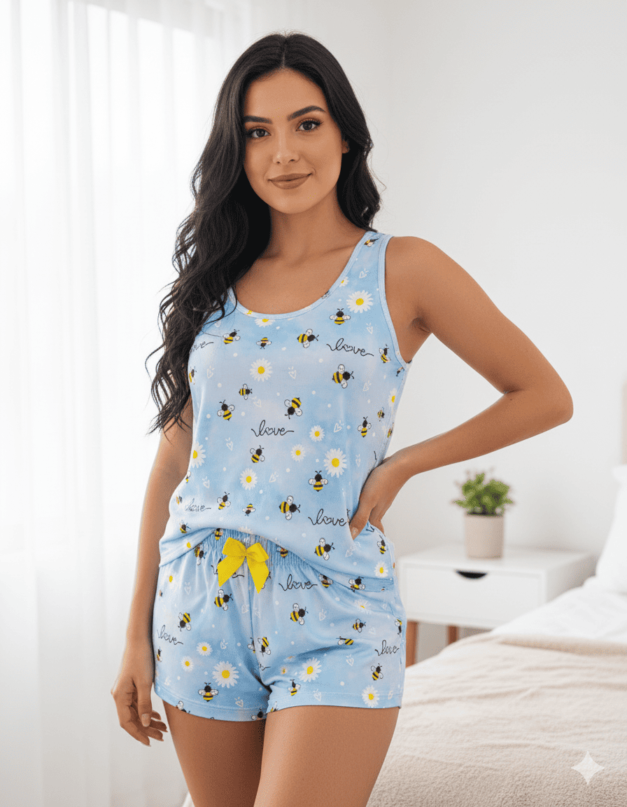 Pijama corto de verano para mujer, en suave tela piel de durazno, con estampado de abejas y margaritas ideal para el calor.