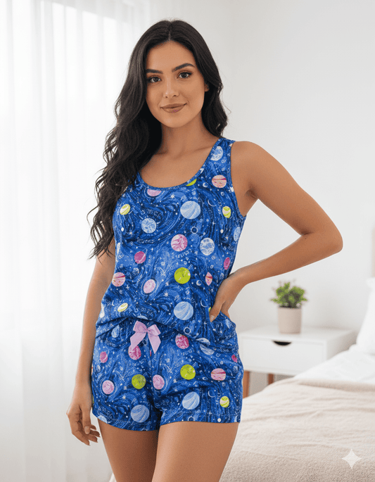 Pijama juvenil de mujer, muy cómodo y de ajuste relajado, hecho en suave piel de durazno con estampado de planetas.